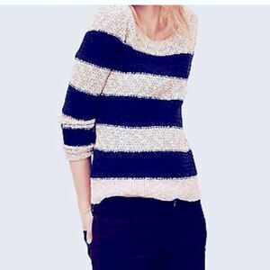 LOFT Beige and Navy Striped Cotton Linen Blend Loose Knit Sweater-L